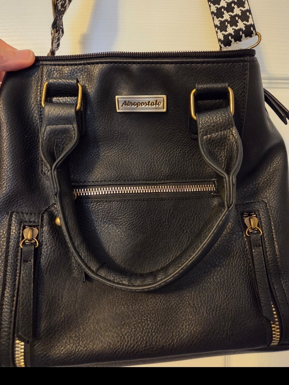 Aeropostale Black Faux Leather Satchel with Gold Hardware